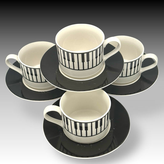 Set of 4 ALBERT ELOVITZ Piano Keys CUPS & SAUCERS Black & White Stoneware 1998
