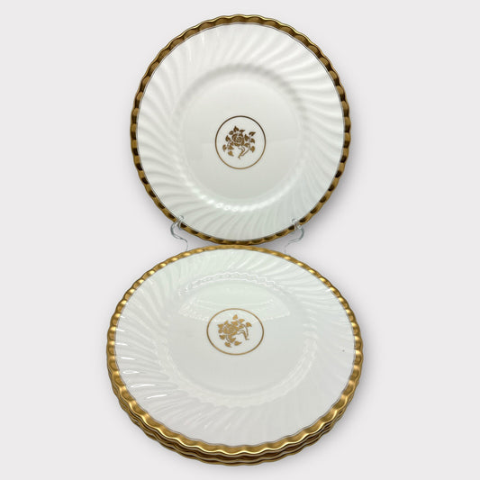 Set of 4 Minton Gold Rose DINNER PLATES England SWIRL Rim Gold Edge England