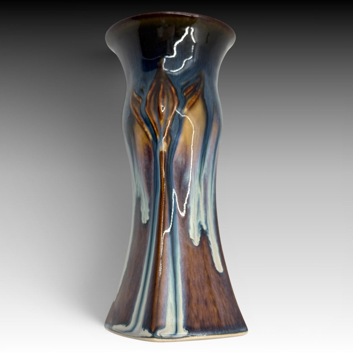 Bill Campbell Studio Art Pottery Blue Drip Glaze Lotus Vase Signed 7.75"  USA