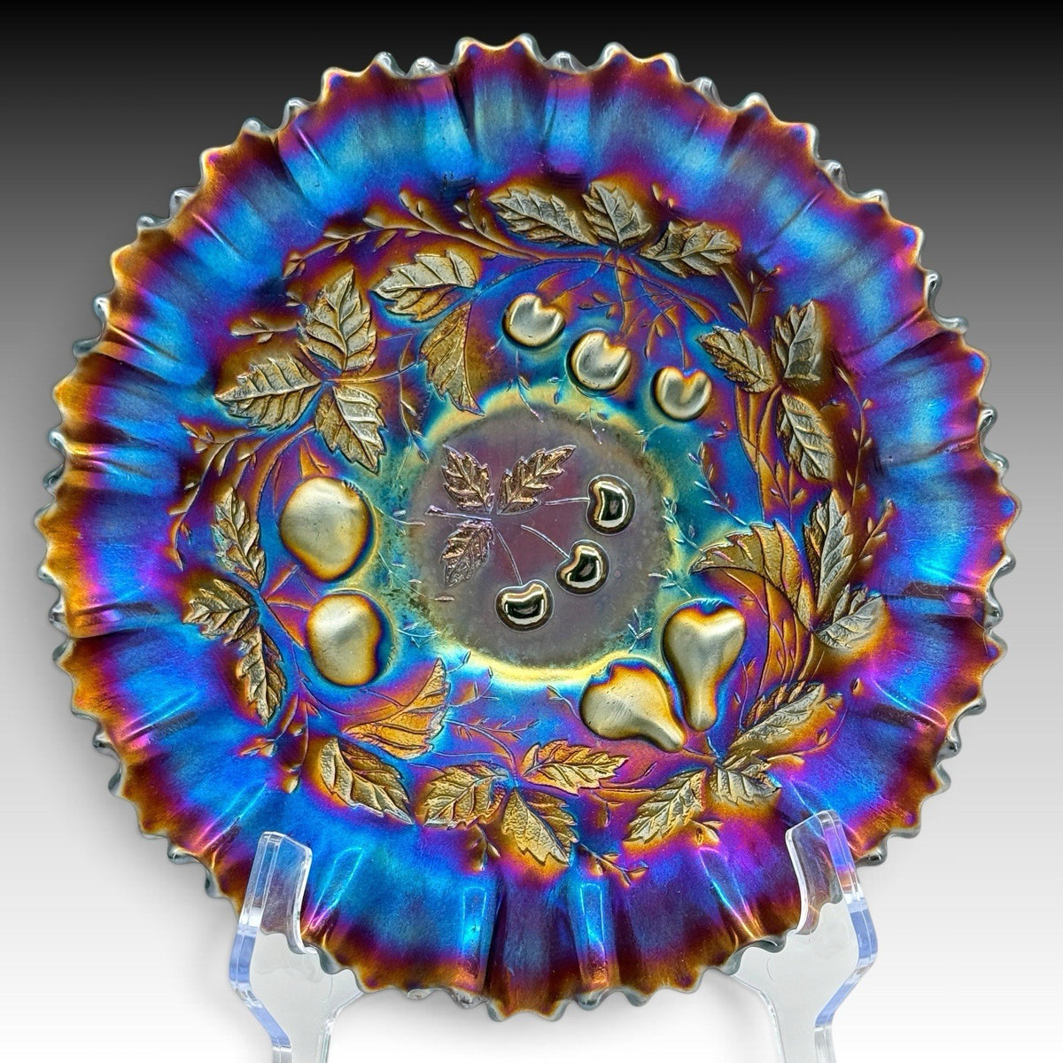 Northwood Three Fruits Electric Amethyst Carnival Glass Ruffled Bowl 8.5 Inches