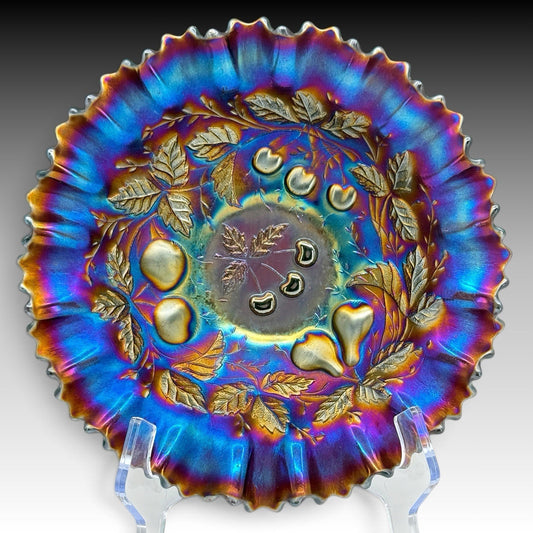 Northwood Three Fruits Electric Amethyst Carnival Glass Ruffled Bowl 8.5 Inches