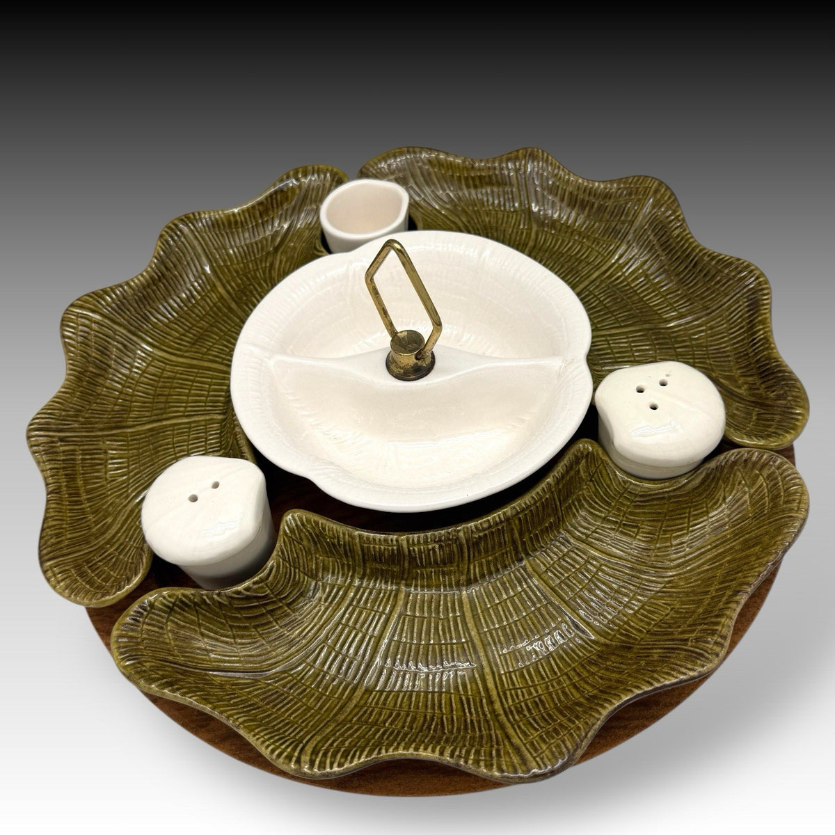 Vintage CALIF USA 570 Lazy Susan Green & White MCM Pottery Server SET Green