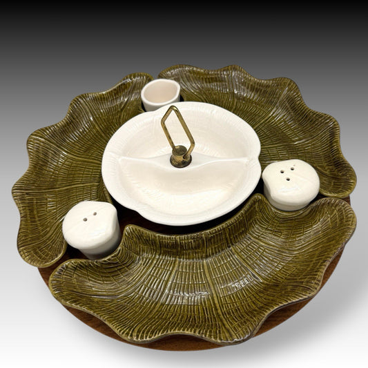 Vintage CALIF USA 570 Lazy Susan Green & White MCM Pottery Server SET Green