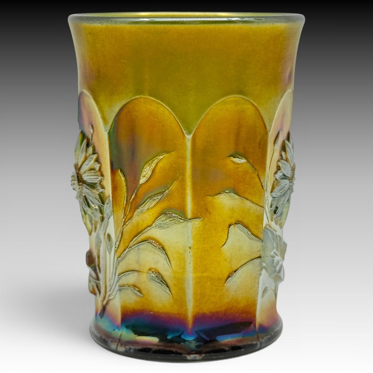 Northwood Dandelion Marigold Carnival Glass Tumbler Olive Green 4 Inches Antique