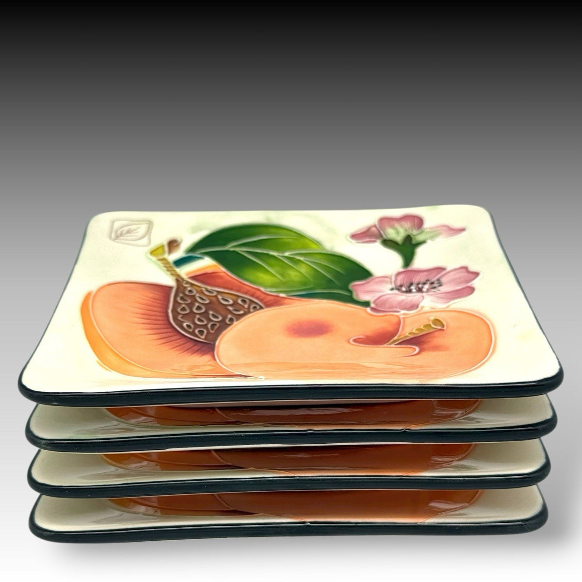 J McCall Blue Sky Peaches Embossed Ceramic Plates Set of 4 2004 5.5” Square