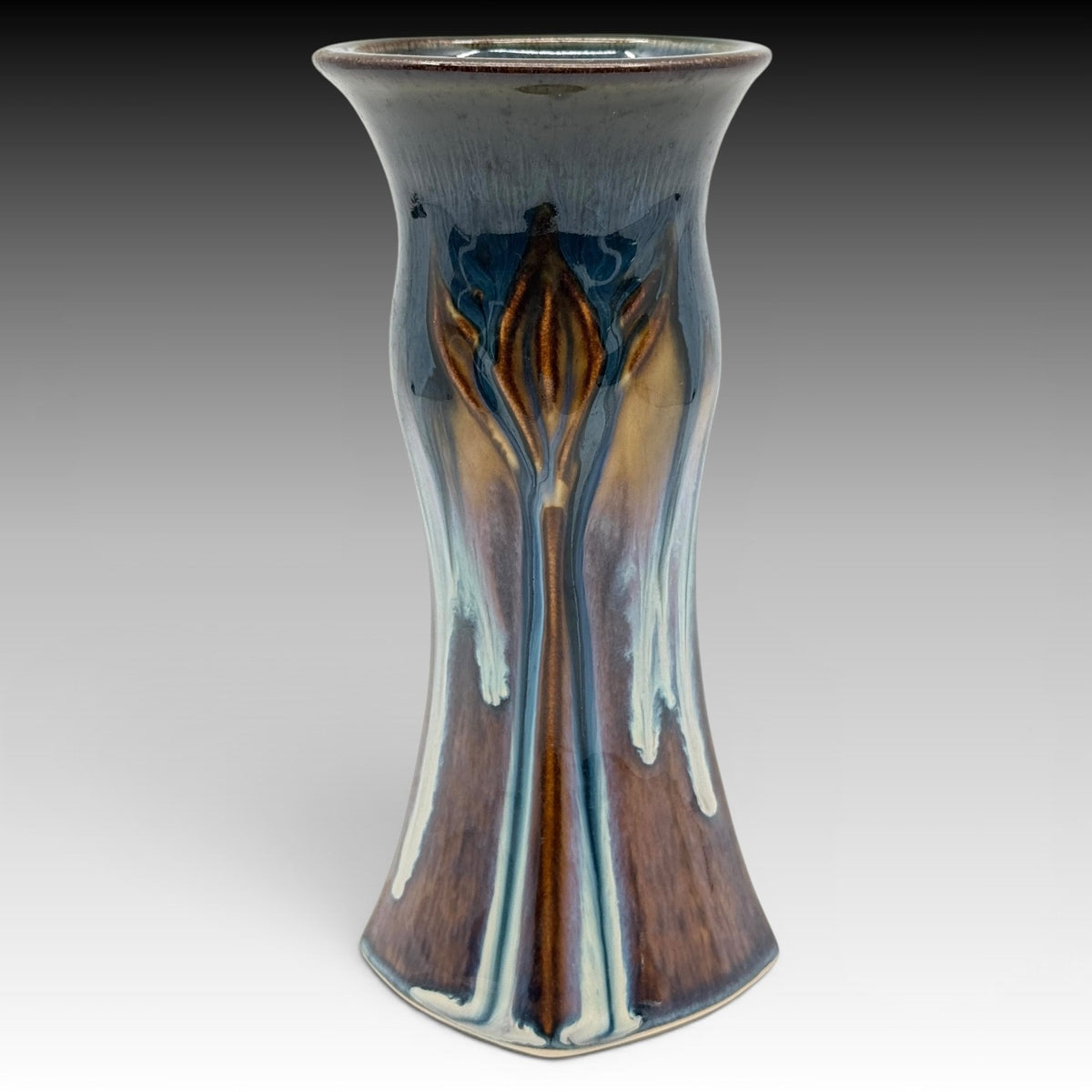 Bill Campbell Studio Art Pottery Blue Drip Glaze Lotus Vase Signed 7.75"  USA