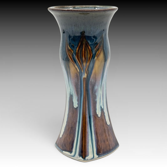 Bill Campbell Studio Art Pottery Blue Drip Glaze Lotus Vase Signed 7.75"  USA