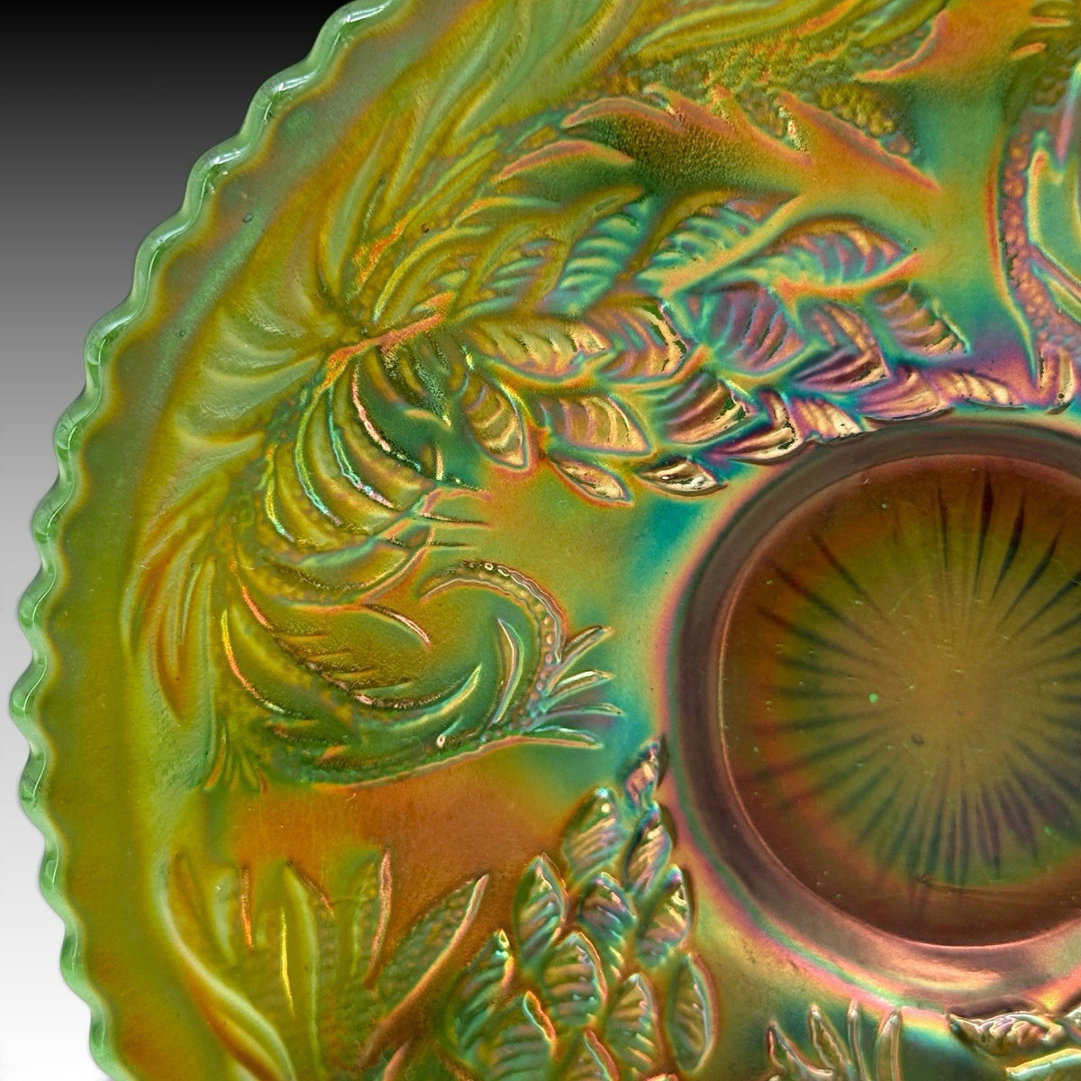 Fenton Pinecone Green Carnival Glass Flat Plate 6.25 Inches Antique Vintage