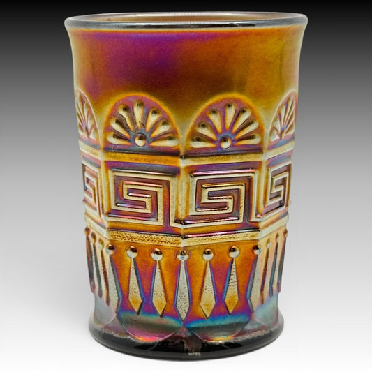 Northwood Greek Key Black Amethyst Carnival Glass Tumbler, Antique 4 Inches