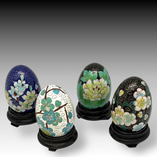 Set of 4 Vintage CHINESE CLOISONNÉ on COPPER EGGS – Lotus Motif with Wood Stands