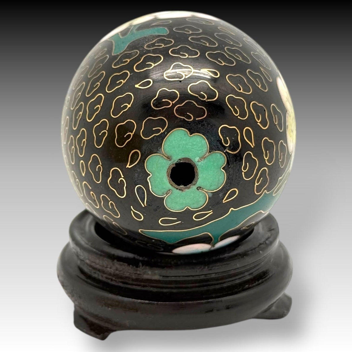 Set of 4 Vintage CHINESE CLOISONNÉ on COPPER EGGS – Lotus Motif with Wood Stands