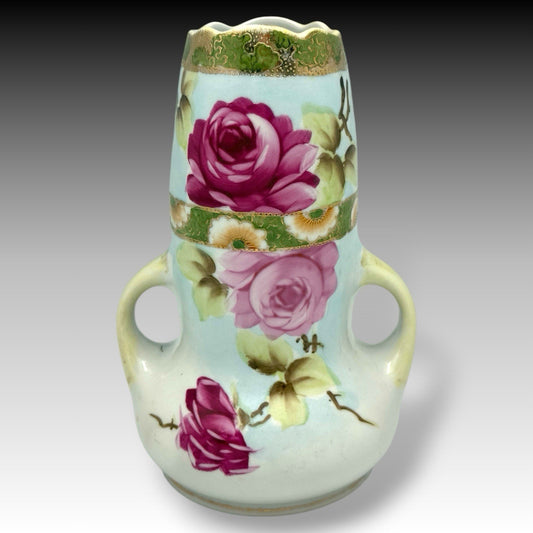 VINTAGE Hand-Painted NIPPON 2-Handled Vase – PINK Roses & GOLD GILT DETAIL 8.5"