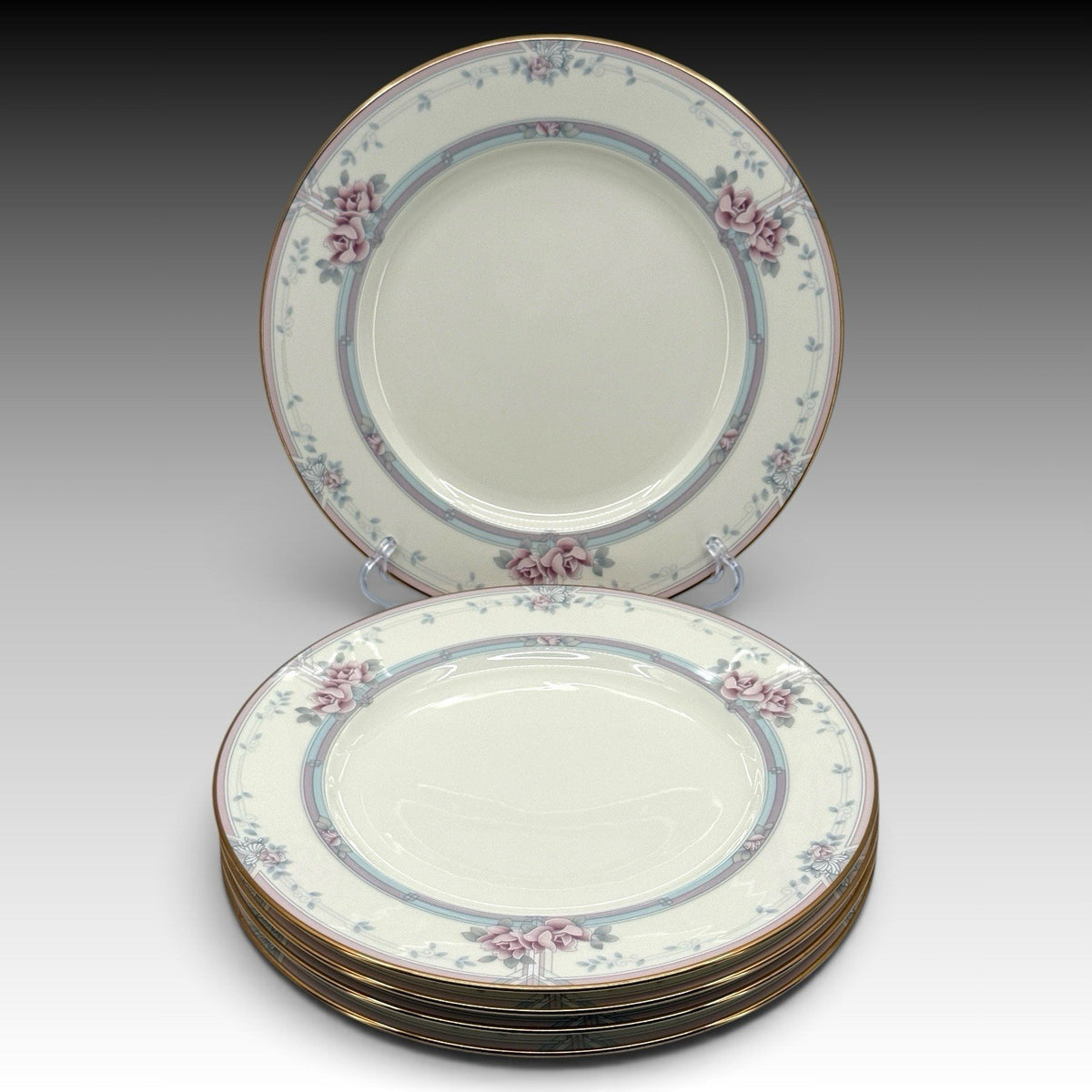 Noritake Magnificence Bone China Dinner Plates Set 5 Gold Rim Pink Roses #9736