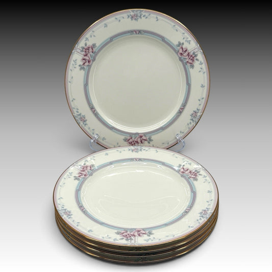 Noritake Magnificence Bone China Dinner Plates Set 5 Gold Rim Pink Roses #9736