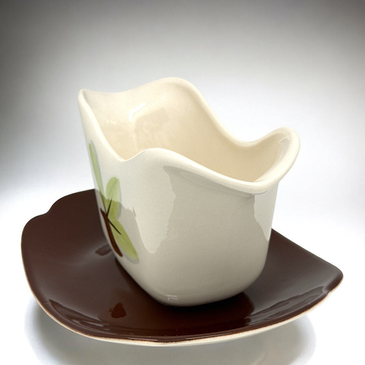 Vntg 1940s GRAVY BOAT + UNDERPLATE WOODLEAF by Continental Kilns Underglaze USA