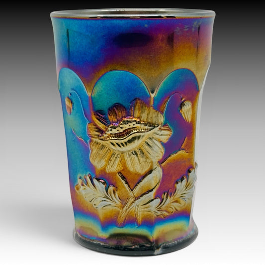 Northwood Oriental Poppy Black Amethyst Carnival Glass Tumbler, Antique 4.5 Inch
