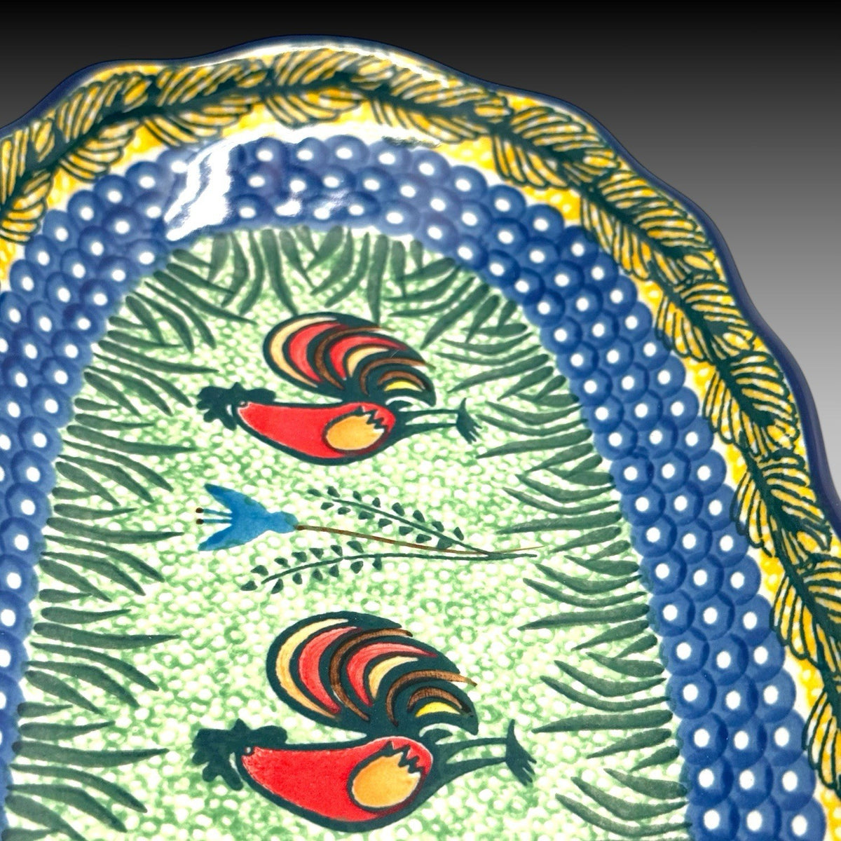 UNIKAT Polish Pottery Rooster Parade Serving Tray 12.5 Inches Signed Kuczynska