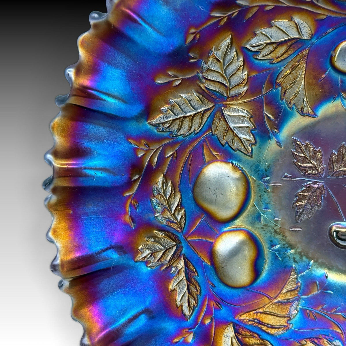 Northwood Three Fruits Electric Amethyst Carnival Glass Ruffled Bowl 8.5 Inches