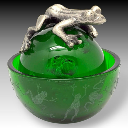 Vintage Pewter FROG on Green Bubble Glass PAPERWEIGHT & Etched FROG BOWL Set