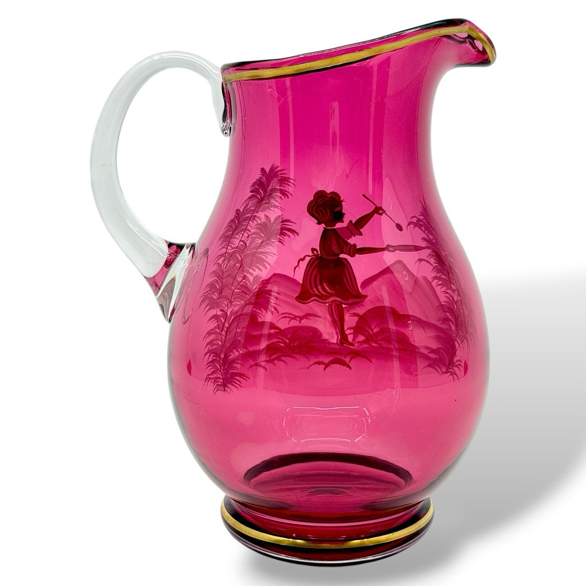 Vintage Cranberry Mary Gregory Hand Painted Art Glass Water Pitcher Gold Trim