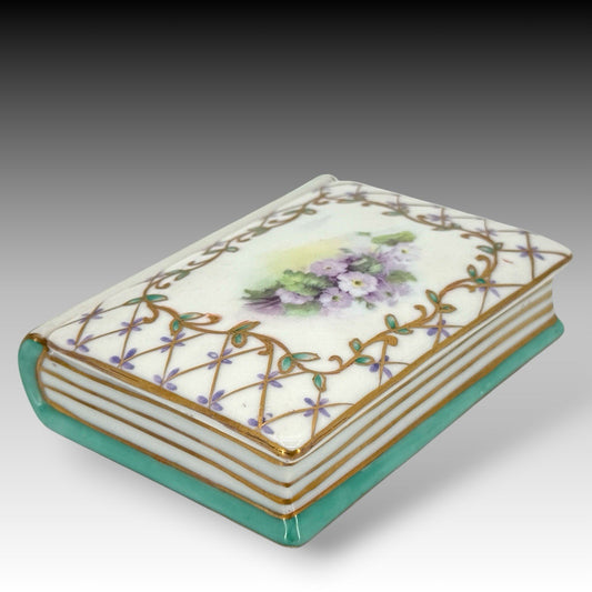 Paris Royal Hand Painted Porcelain Book Trinket Box Violets Floral Lift Off Lid