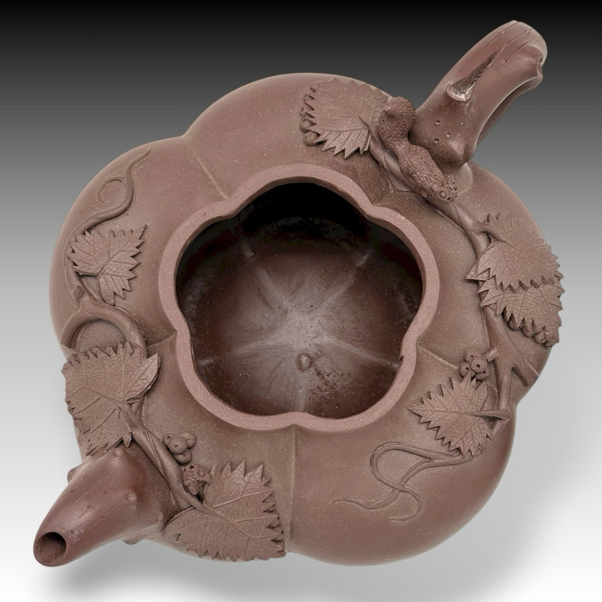 Yixing Zisha Clay Lingzhi Teapot Frog & Squirrel Design Handmade China 20th C.