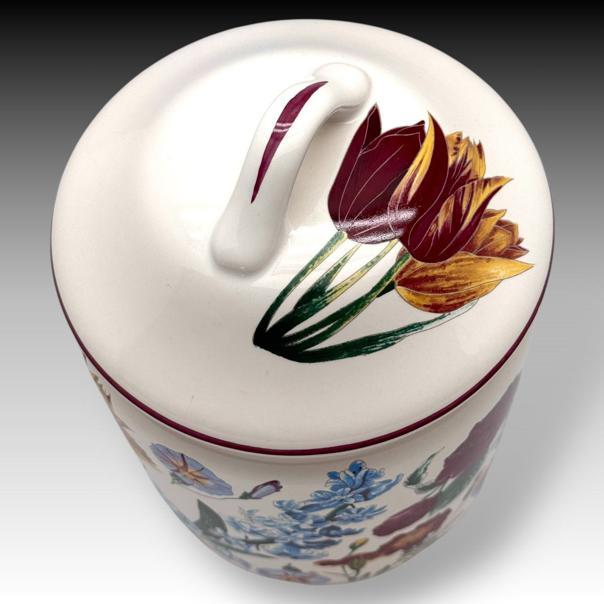 Vintage Japan Ceramic Canister Jar with Blue & Burgundy Flowers 9.5" Lidded