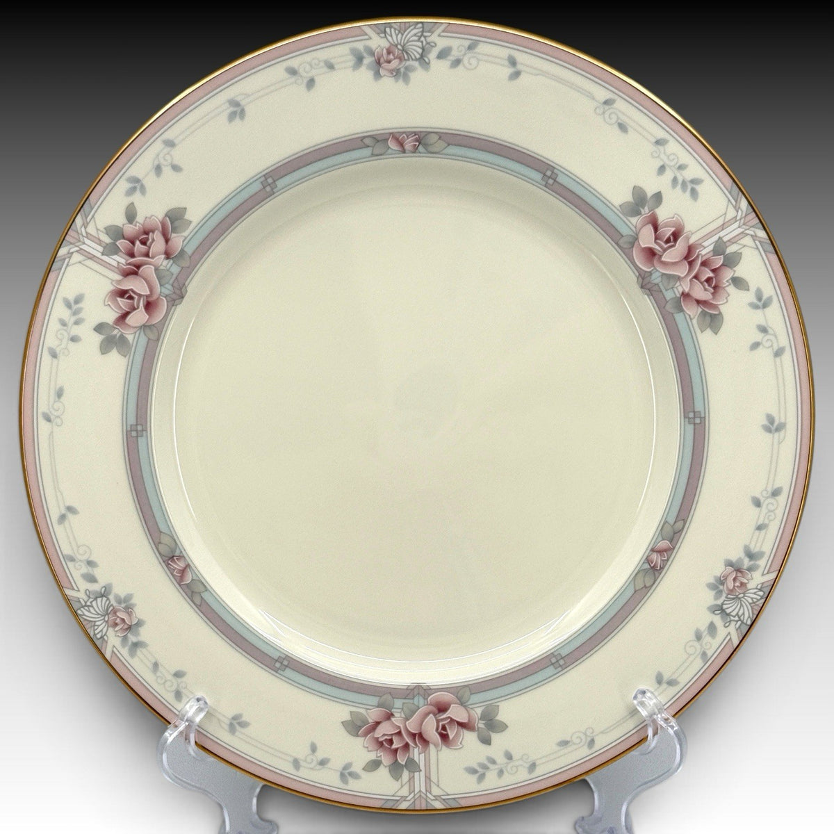 Noritake Magnificence Bone China Dinner Plates Set 5 Gold Rim Pink Roses #9736