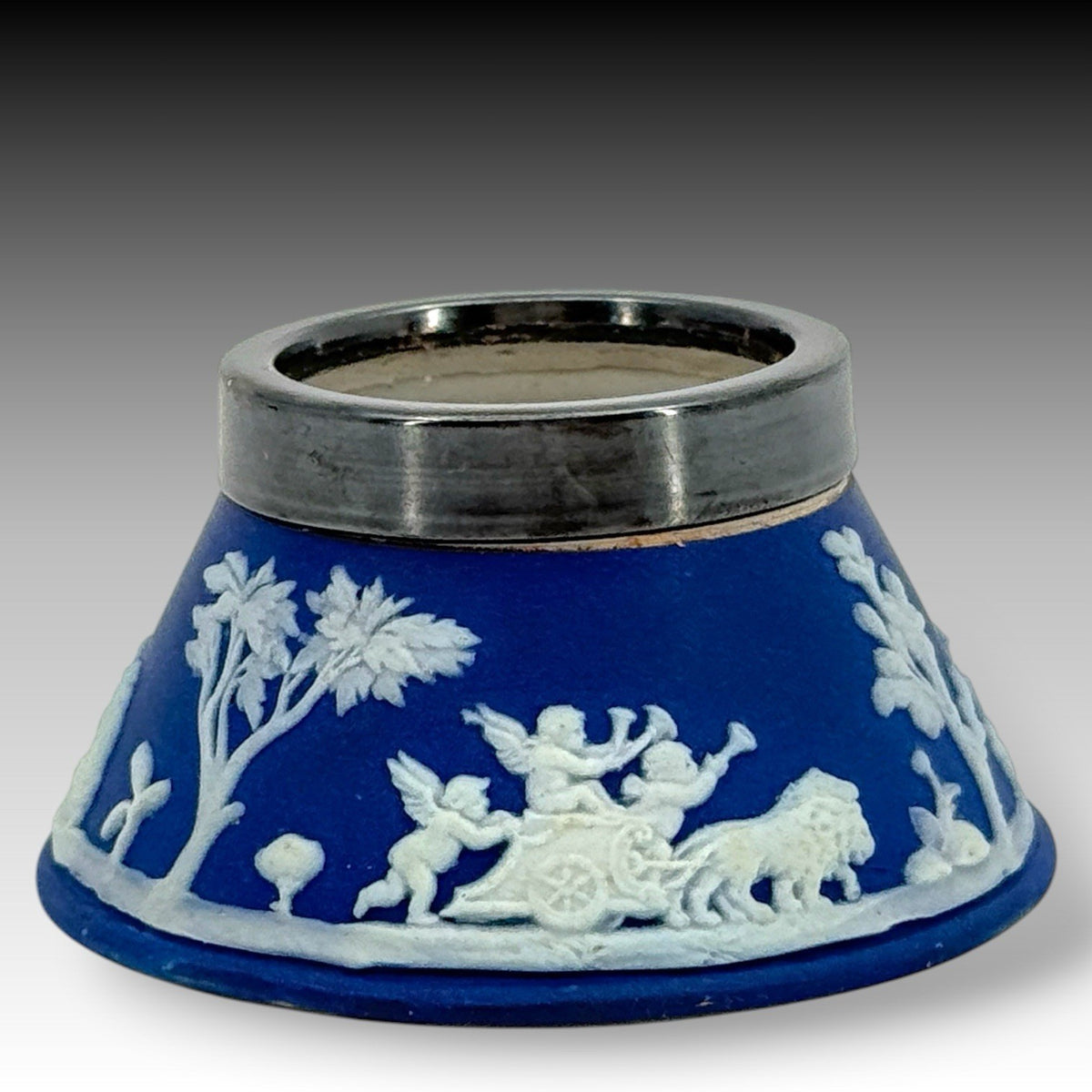 Antique Wedgwood Blue Jasperware Open Salt Cellar Silverplate Rim Cherubs 1867