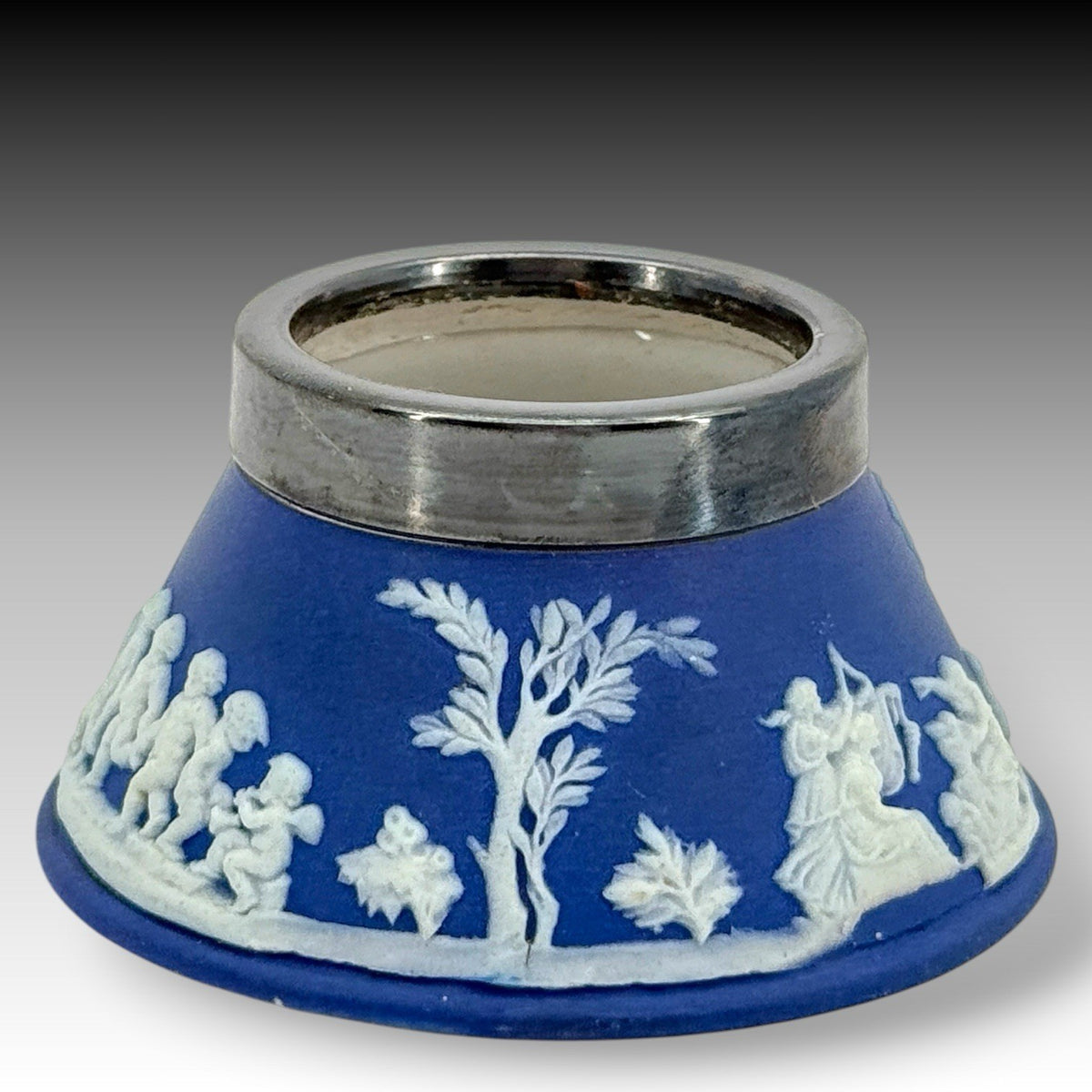 Antique Wedgwood Blue Jasperware Open Salt Cellar Silverplate Rim Cherubs 1867
