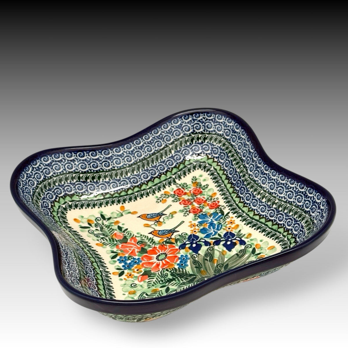 Polish Pottery UNIKAT Large Wavy Edge Bowl Starzyk Songs from My Garden 2008