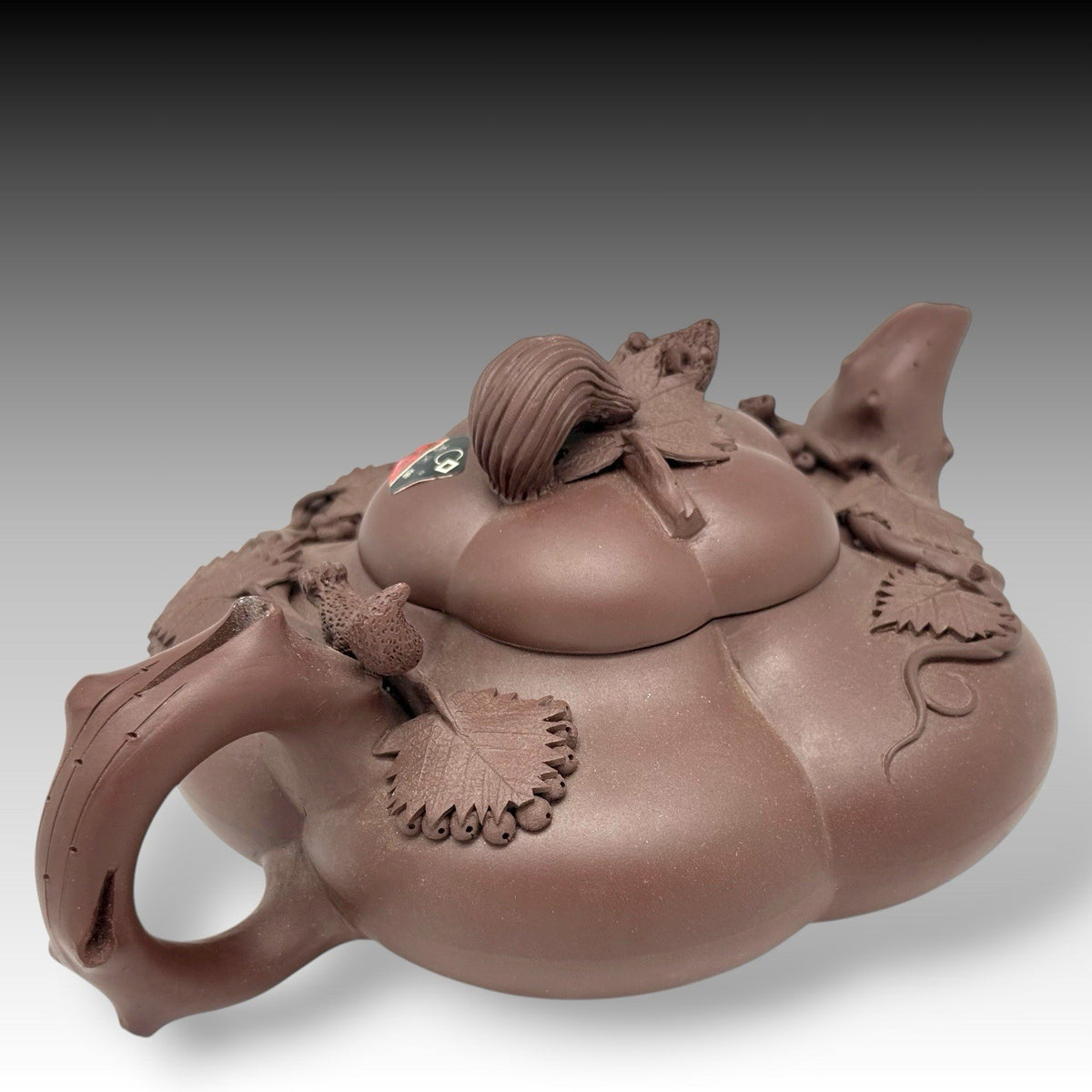 Yixing Zisha Clay Lingzhi Teapot Frog & Squirrel Design Handmade China 20th C.