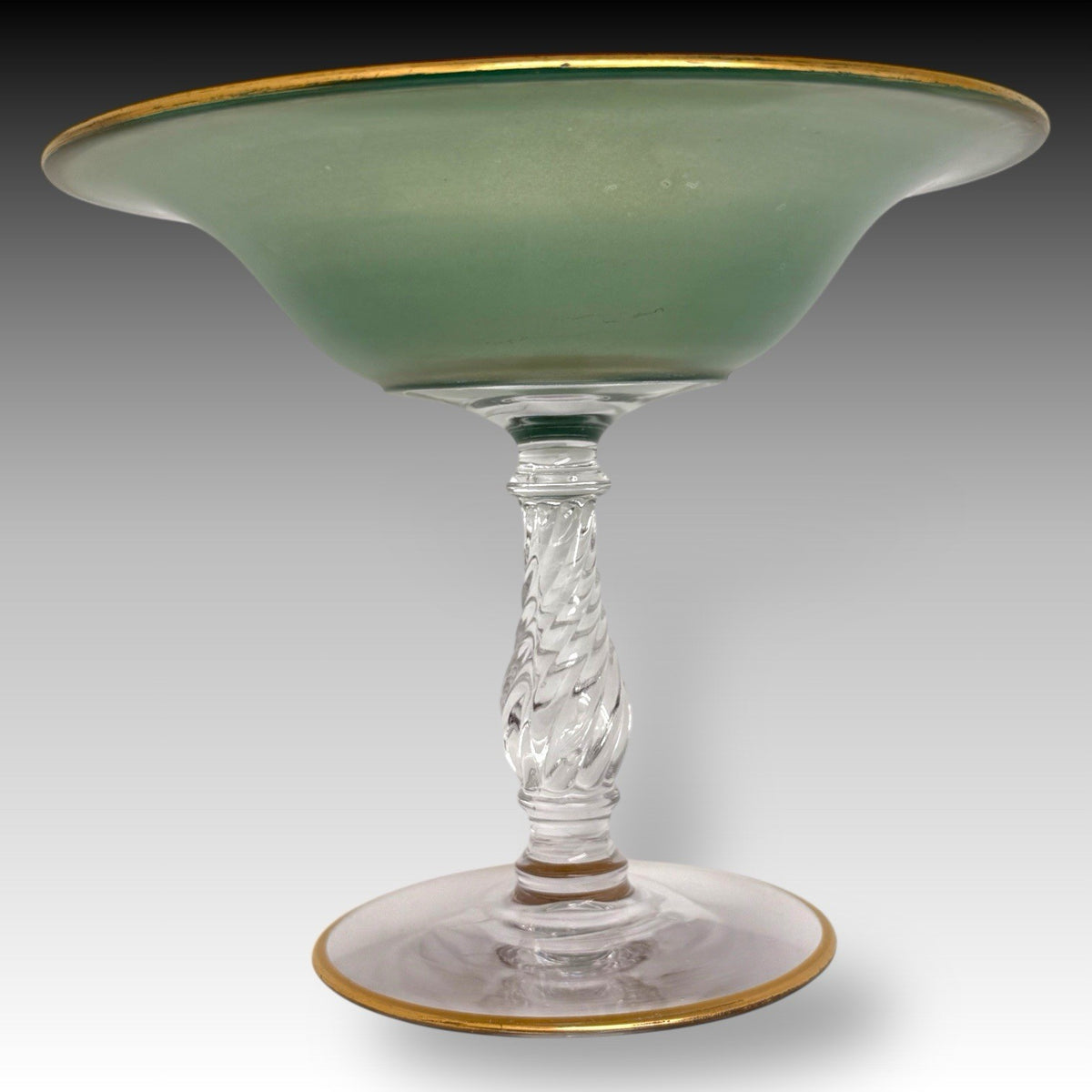 BOHEMIAN Green Art Glass Compote w/ Gilt Rim, Twisted Stem, MCM Pedestal 7.25"