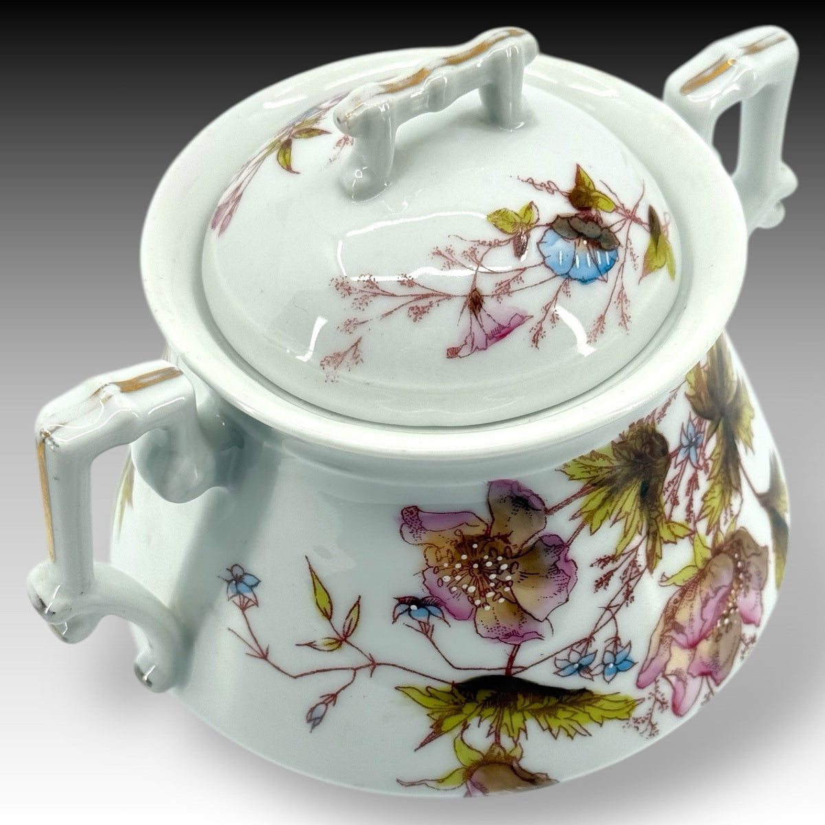 Oscar Gutherz Limoges Sugar Bowl Floral Hand Painted Gold Trim Antique France