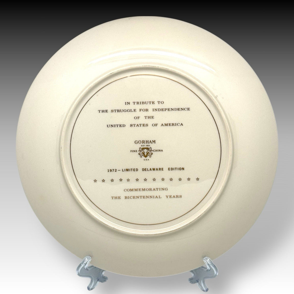 Gorham Bicentennial Delaware Edition Collector Plate 1972, 10.75 Inch Gold Rim