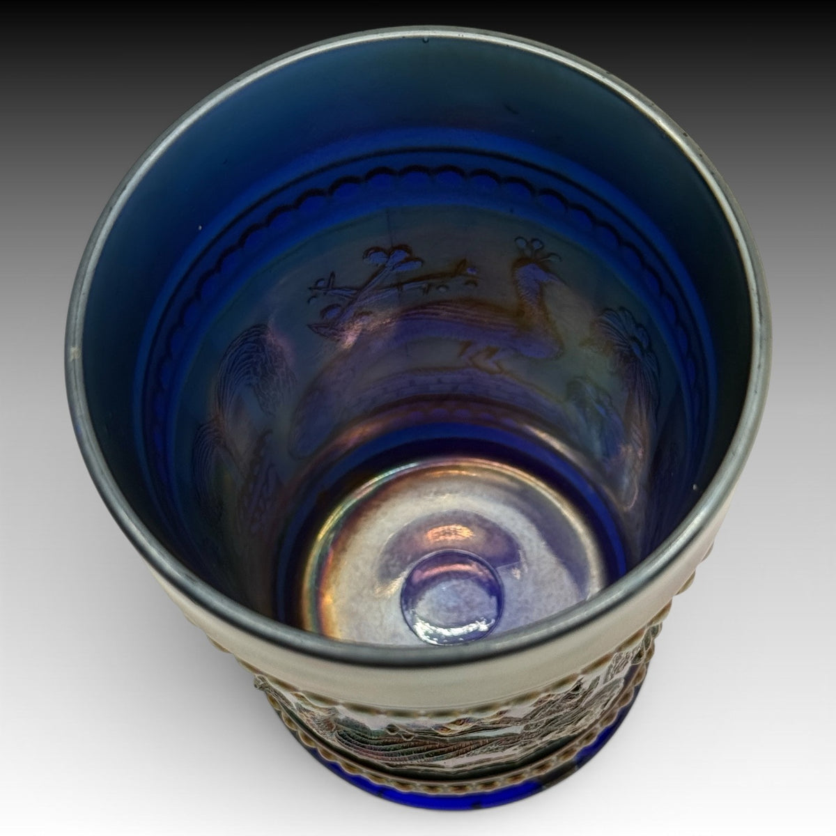 Northwood Peacock At The Fountain Cobalt Blue Carnival Glass Tumbler Antique 4"