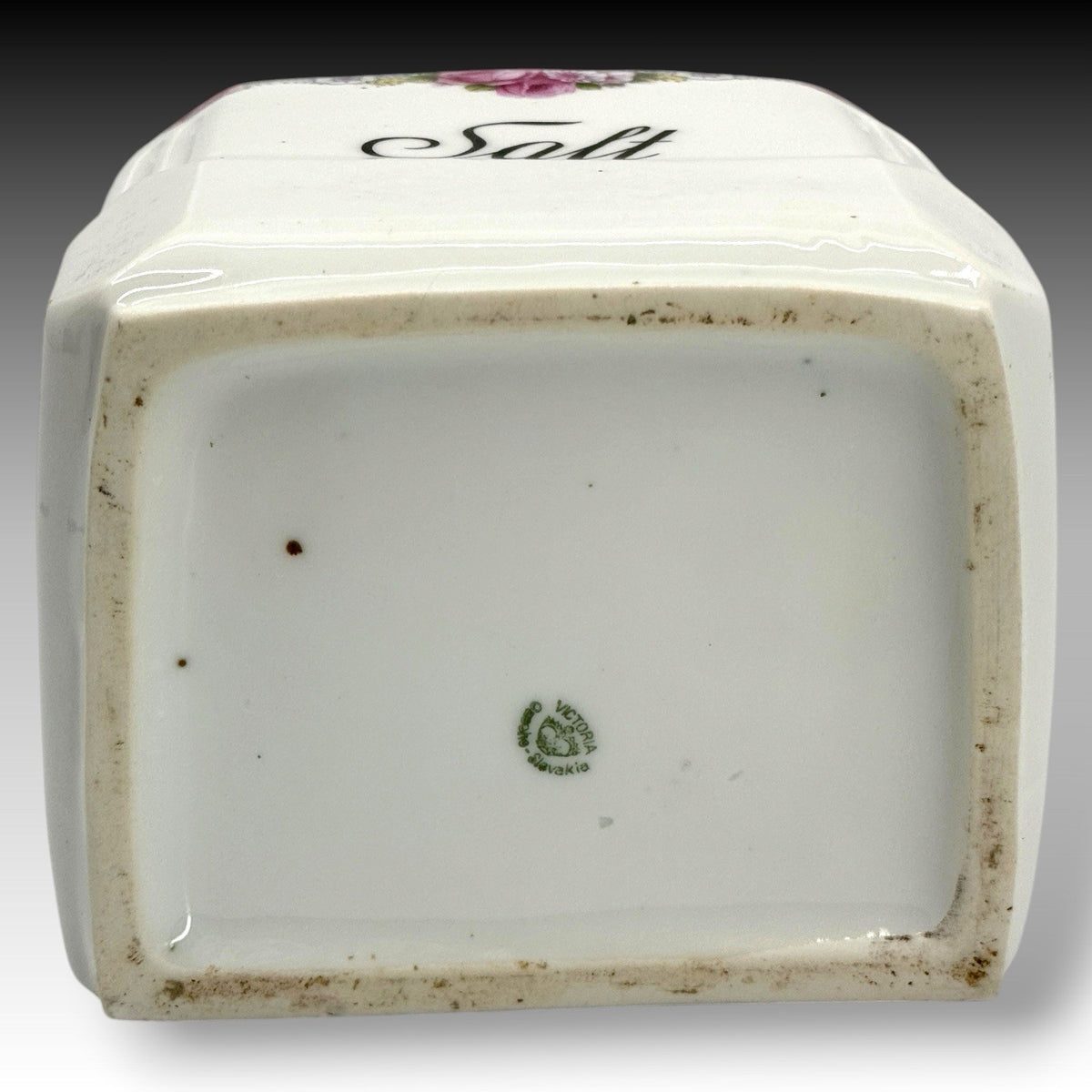 Victoria Czechoslovakia Porcelain Salt Box Wood Lid Floral Wall Hanging Crock
