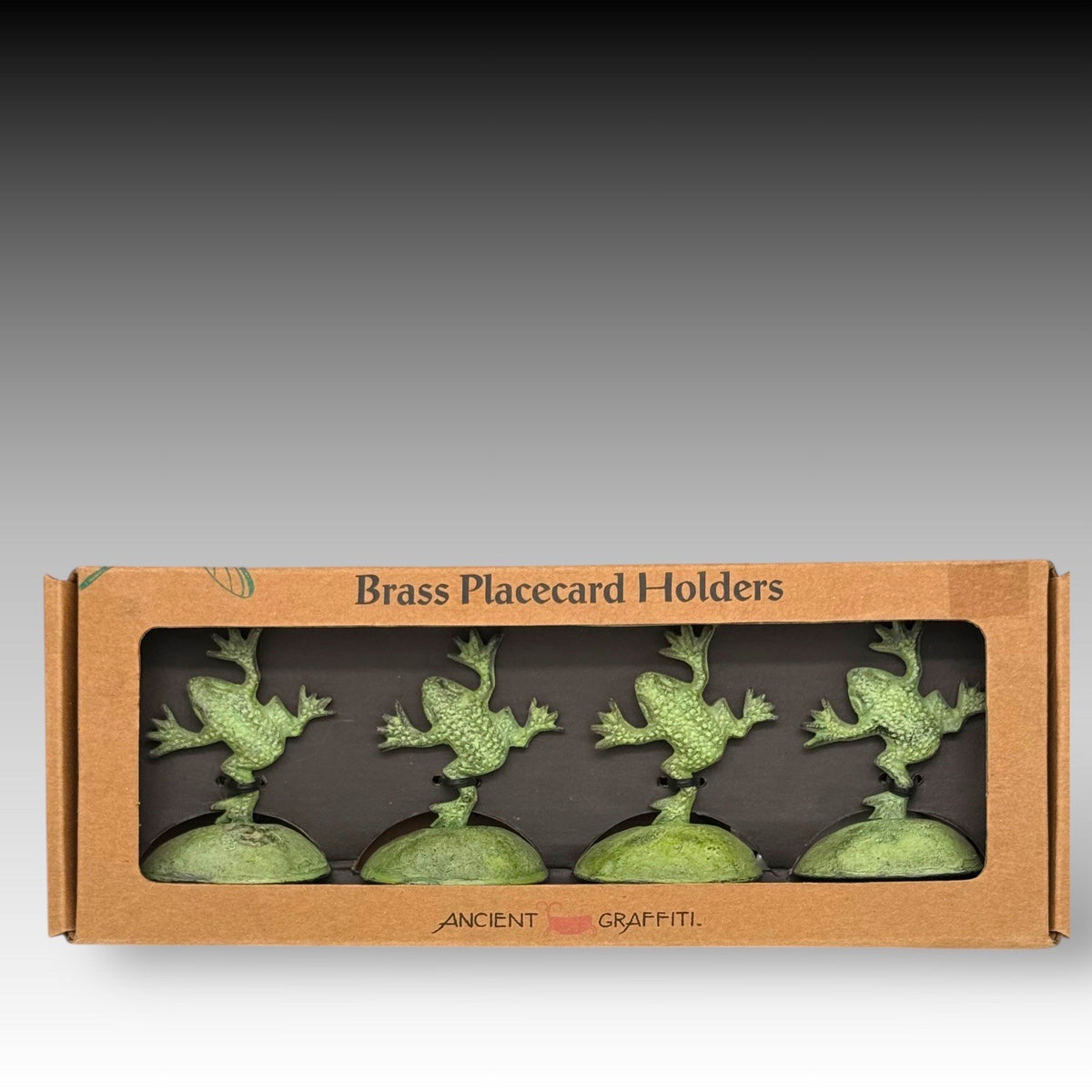 Ancient Graffiti Frog Brass Placecard Holders Set of 4 Green New