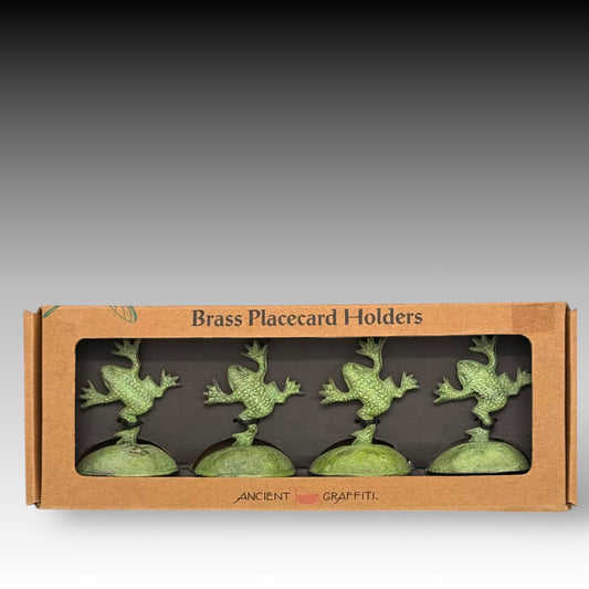 Ancient Graffiti Frog Brass Placecard Holders Set of 4 Green New