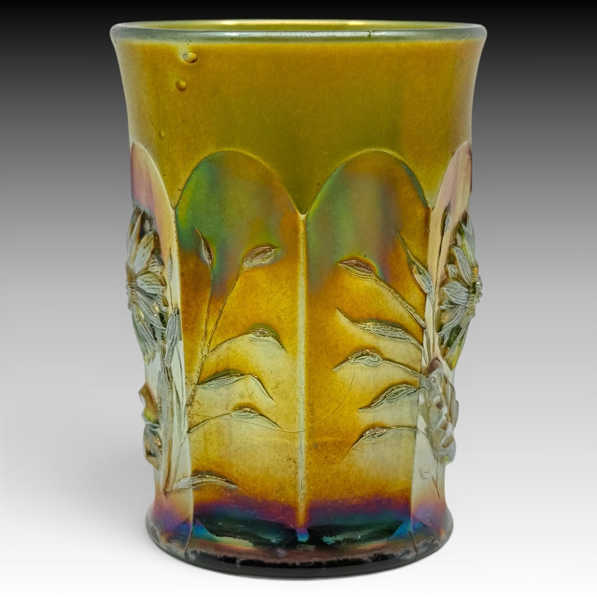 Northwood Dandelion Marigold Carnival Glass Tumbler Olive Green 4 Inches Antique