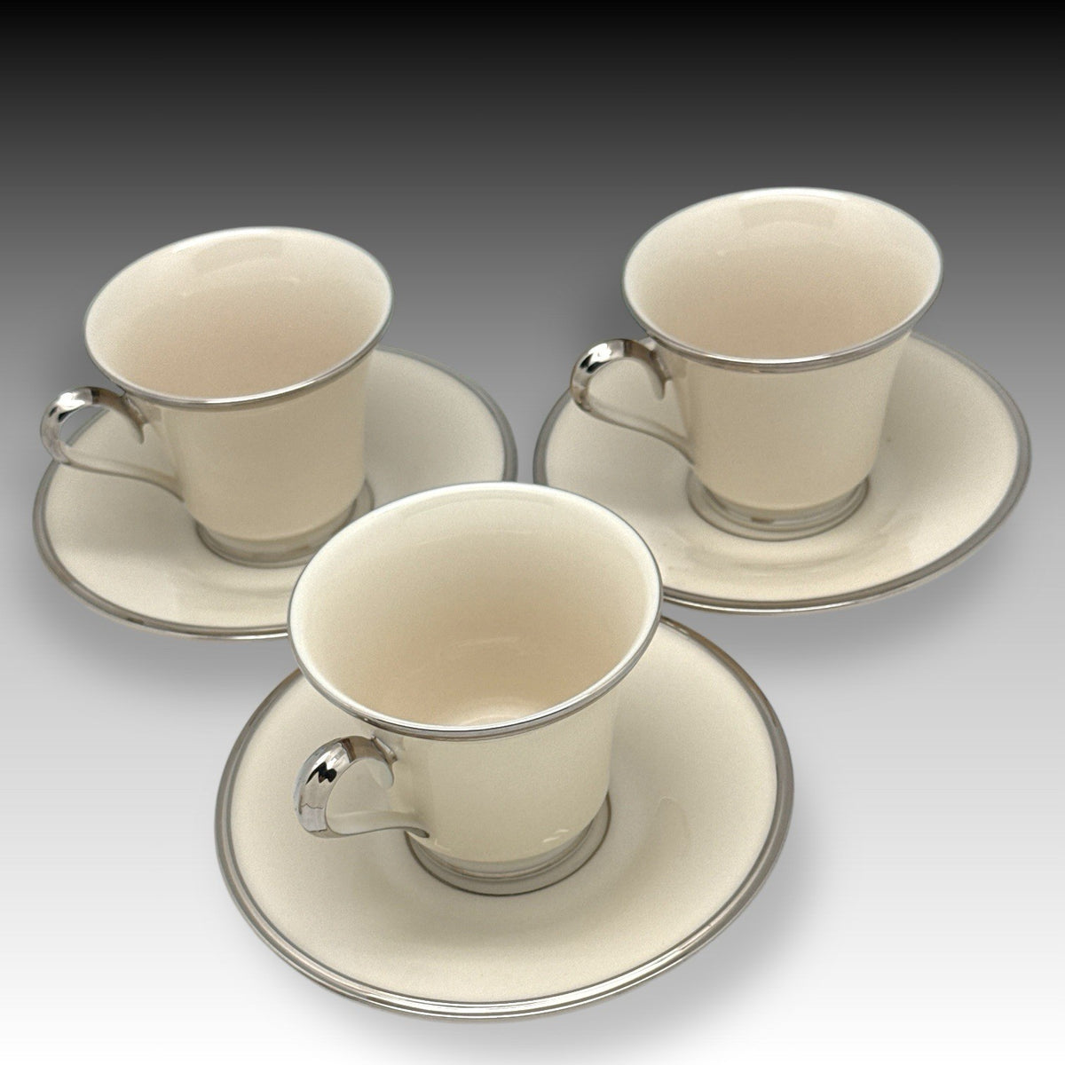 Set of 3 Lenox Solitaire Ivory Platinum 8 oz Cups & Saucers USA Bone China EUC