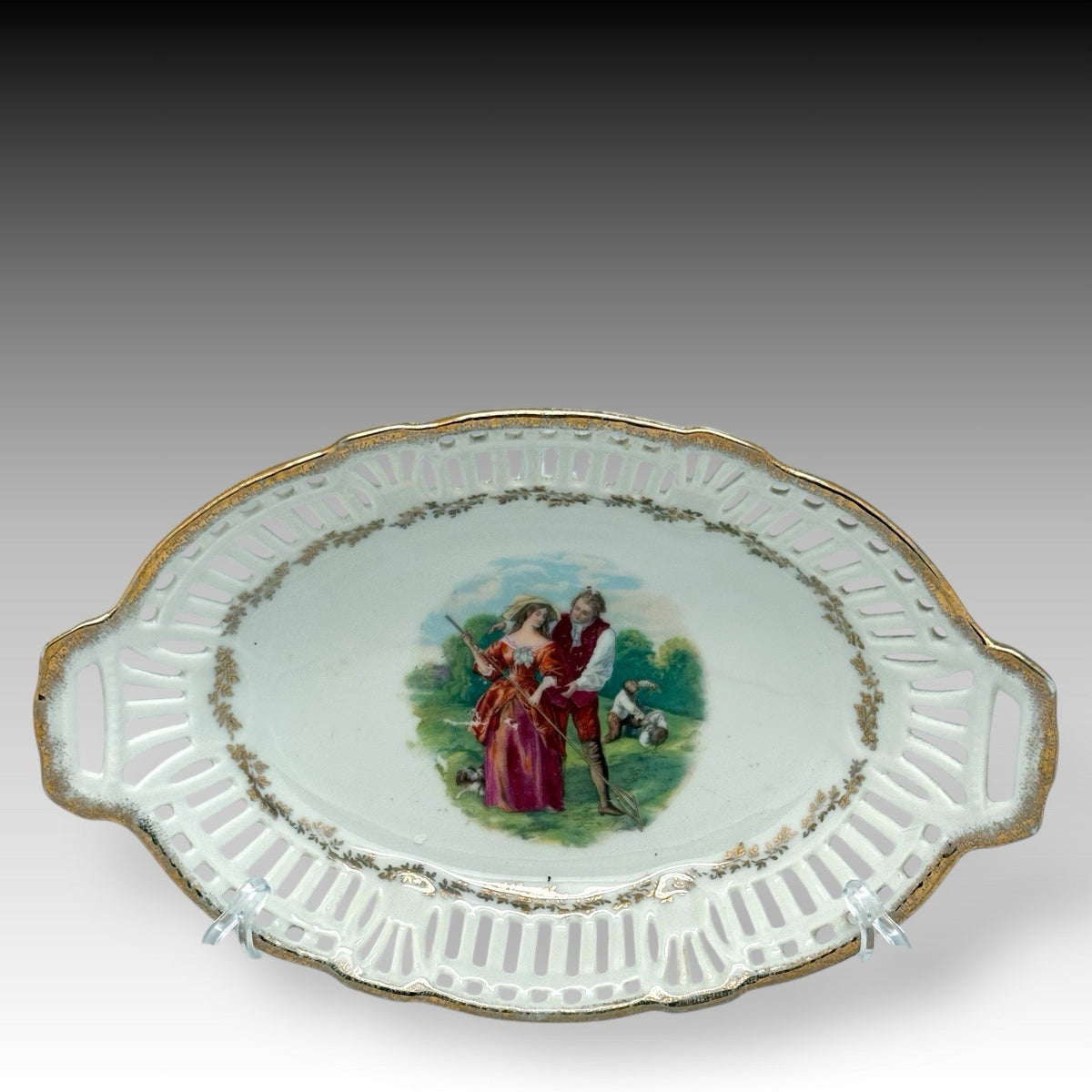 Antique German Porcelain Reticulated Bowl Victorian Couple Gilt Trim 9.5”
