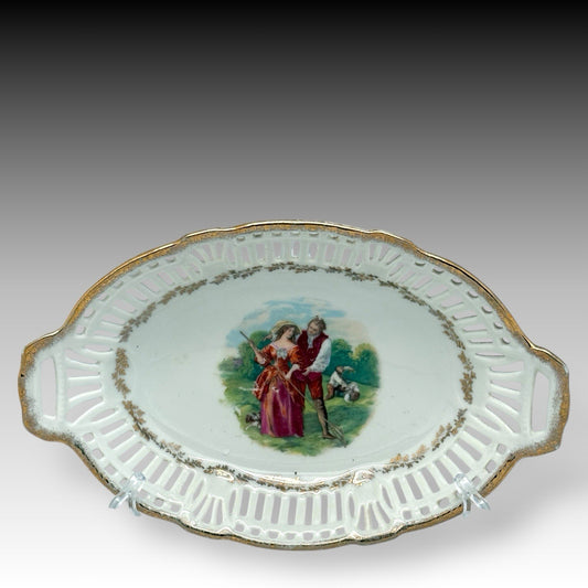 Antique German Porcelain Reticulated Bowl Victorian Couple Gilt Trim 9.5”