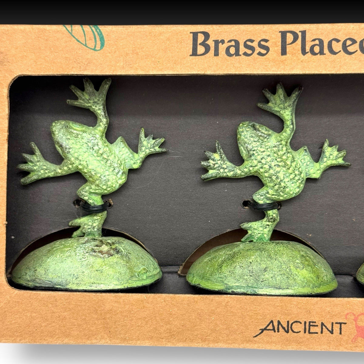 Ancient Graffiti Frog Brass Placecard Holders Set of 4 Green New