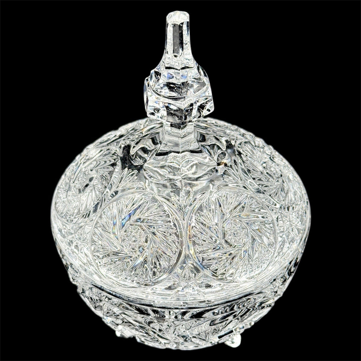 Vintage Crystal Covered Candy Dish, Pinwheel Cut 3 Footed Glass Candy Jar