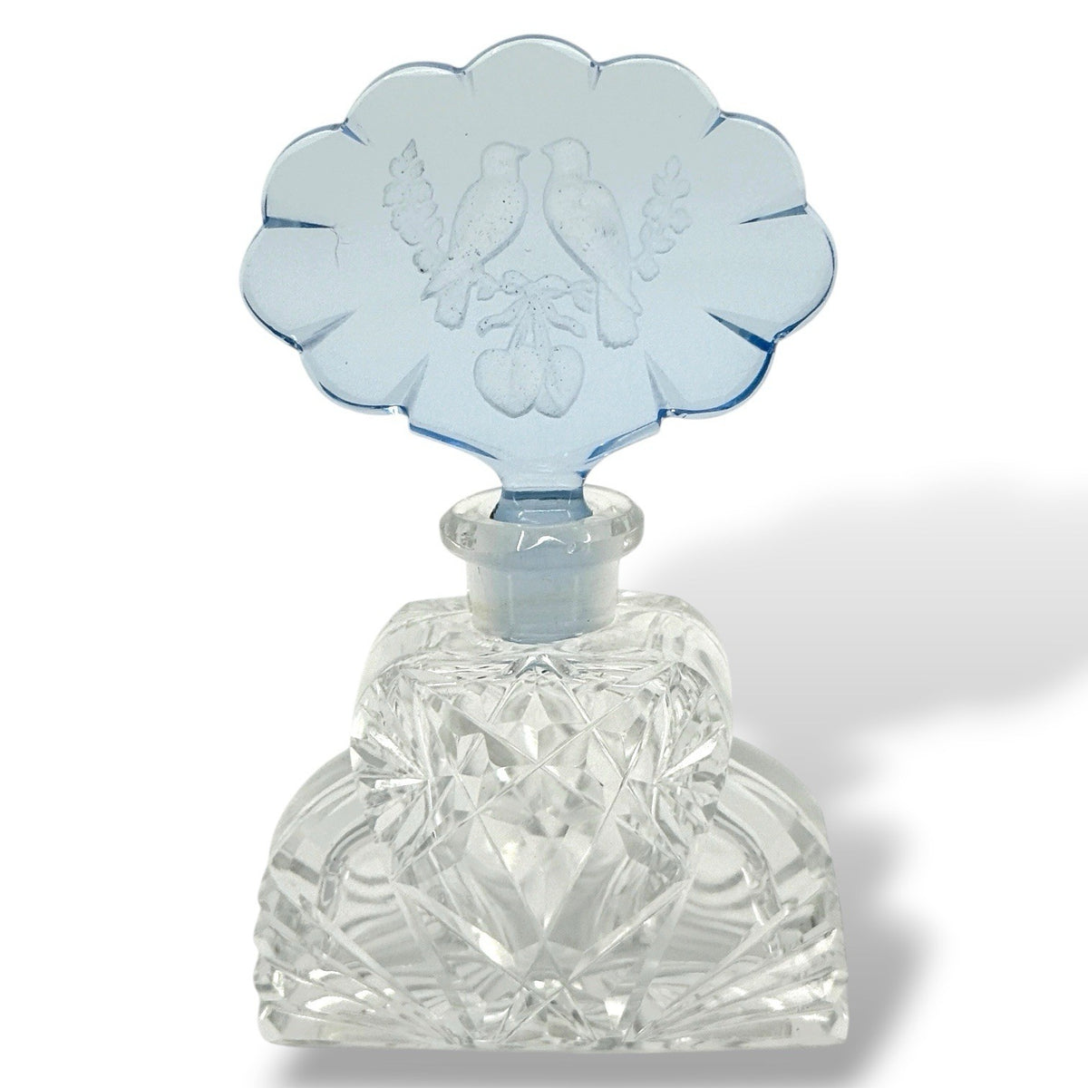 Czech Cut Crystal Art Deco Perfume Bottle With Blue Intaglio Bird Stopper 4 Inch