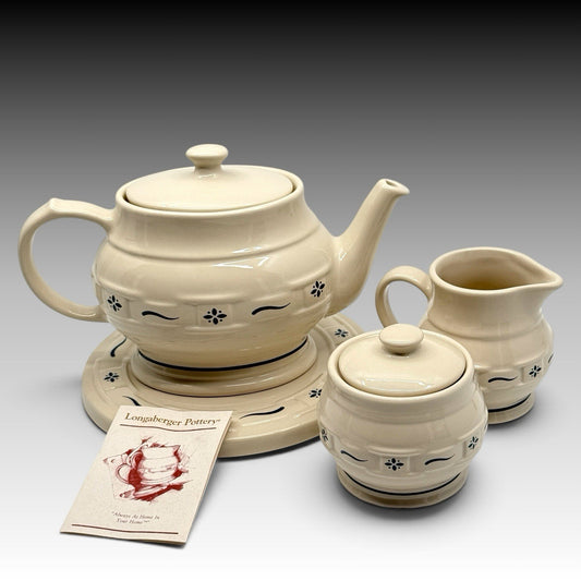 Longaberger Woven Traditions Blue Teapot Creamer Sugar Set With Trivet Pottery