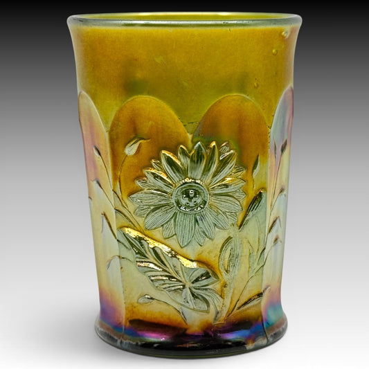 Northwood Dandelion Marigold Carnival Glass Tumbler Olive Green 4 Inches Antique