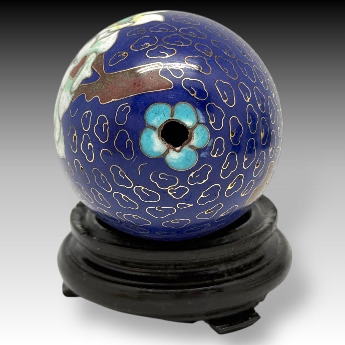 Set of 4 Vintage CHINESE CLOISONNÉ on COPPER EGGS – Lotus Motif with Wood Stands