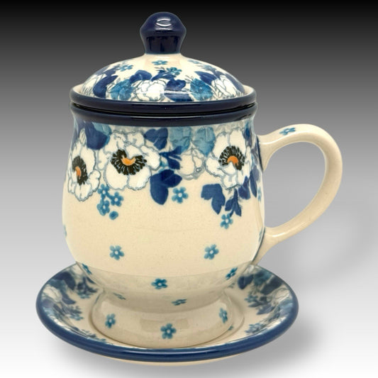 Ceramika Artystyczna Polish Pottery Snow White Poppy TEA INFUSER Mug Saucer Set